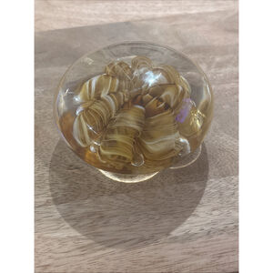 Joe St. Clair Glass Paperweight. Ribbon Crimp Amber White.